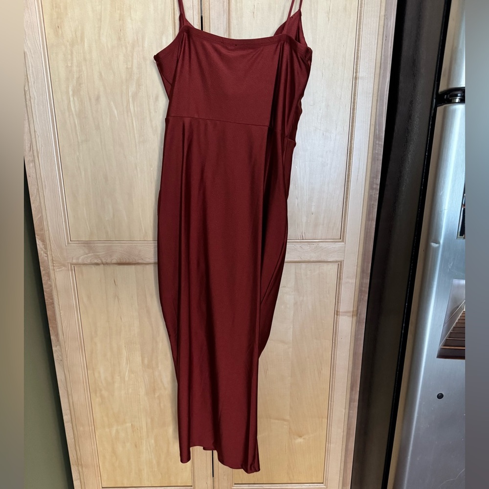 Windsor Burnt Orange Asymmetrical Ruched Side Slit Dress - Picture 6 of 9